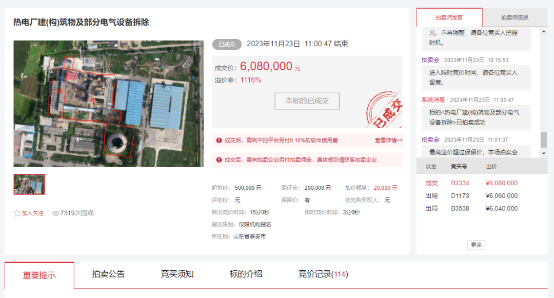 熱電廠拆除權拍賣引熱潮，溢價率1116%